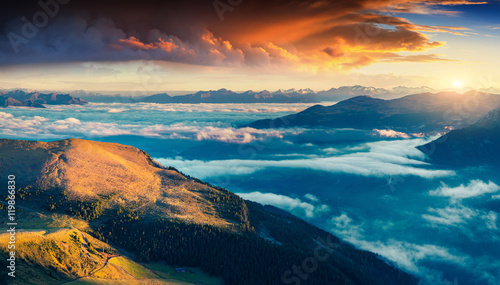 Colorful summer sunrise in Dolomite Alps