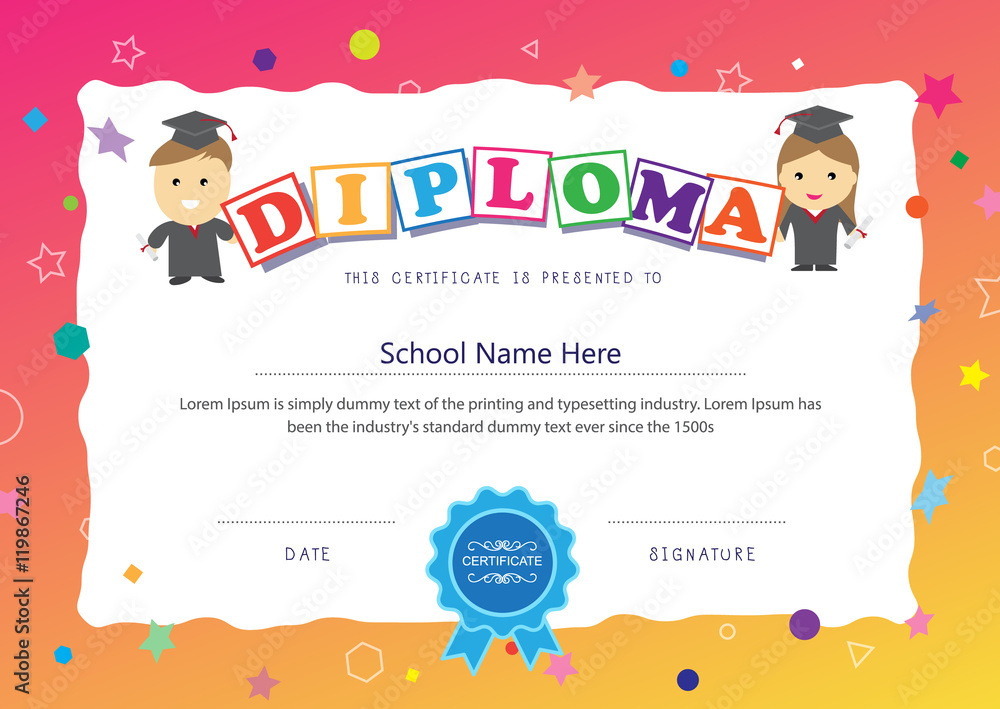 Preschool kids certificate design elementary diploma school back Preschool kids certificate design elementary diploma school back