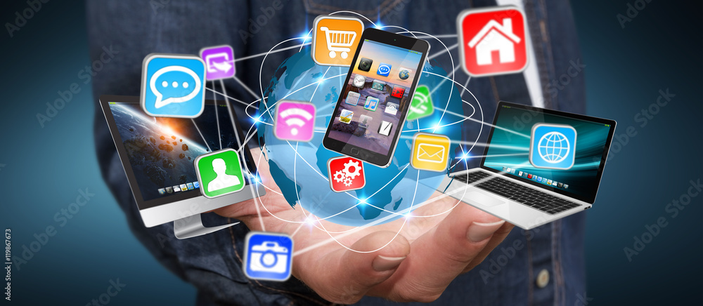 Businessman connecting tech devices Businessman connecting tech devices
