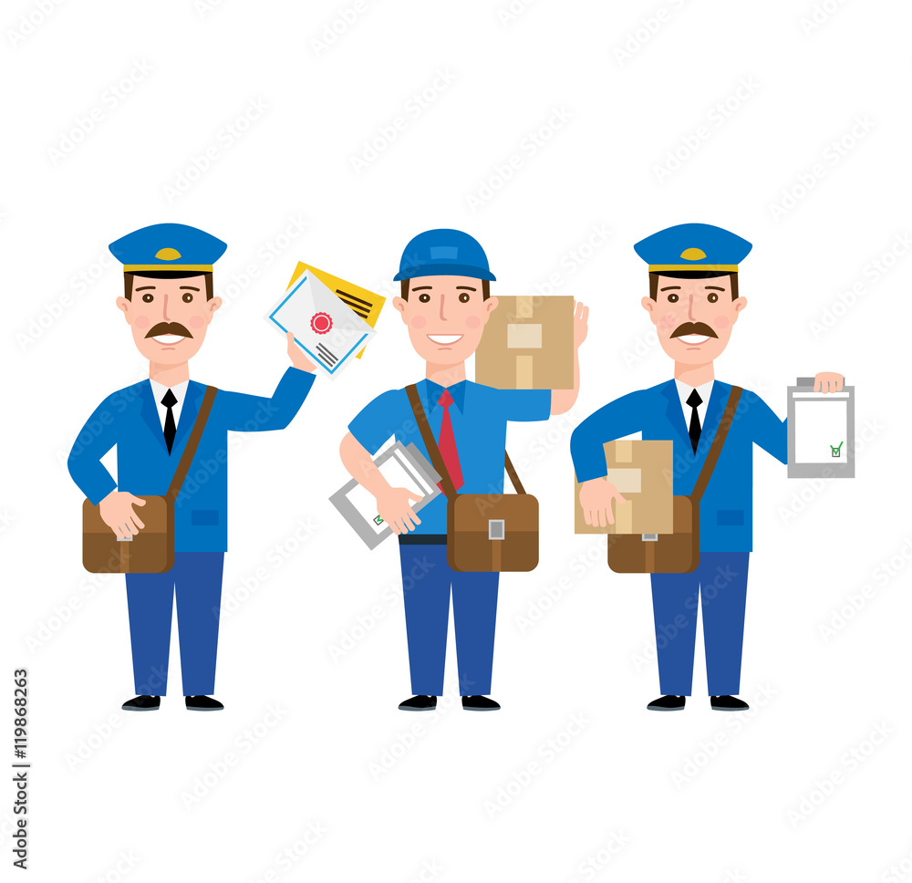 postman with mail parcel set isolated on white background postman with mail parcel set isolated on white background