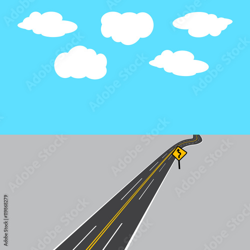 Highway receding into the distance with white and yellow markings, road sign. illustration