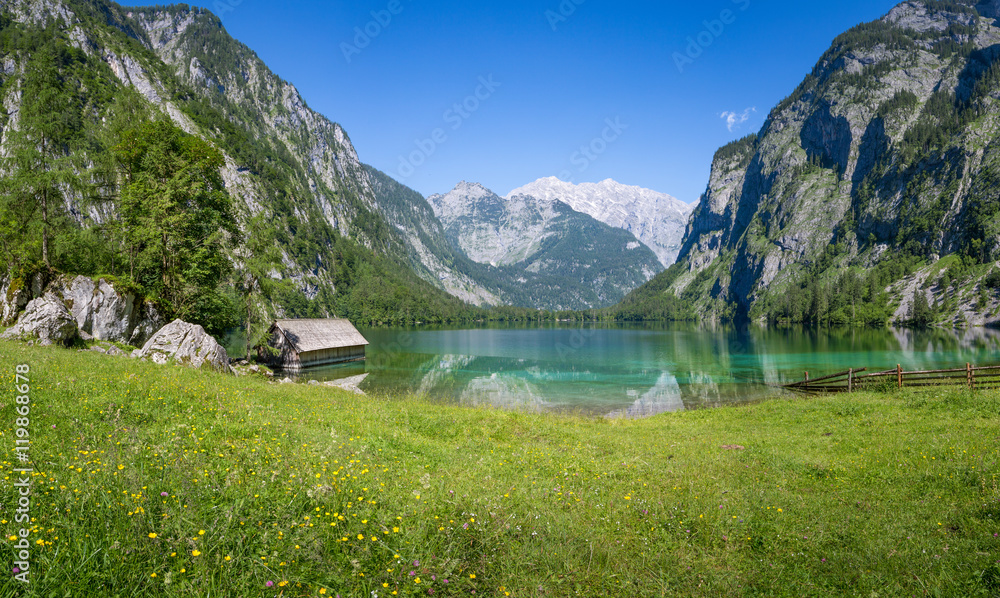 Beautiful landscape in summer at the Obersee, Koenigssee, Bavaria, Germany