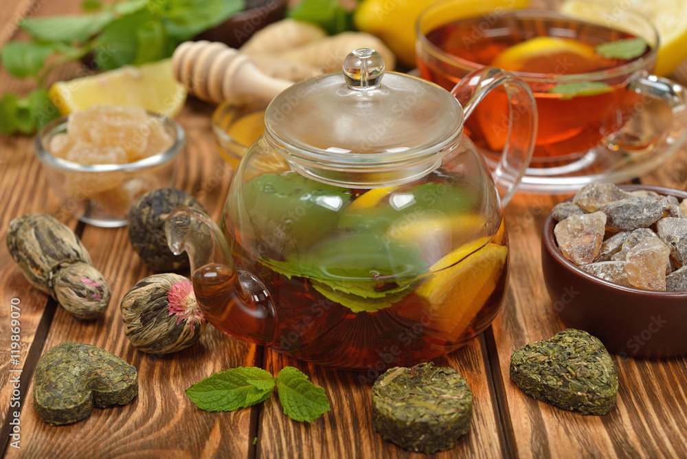 Fresh tea in glass teapot Fresh tea in glass teapot