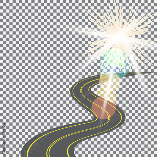 Receding into the distance the road with yellow markings on the background of the sun. Abstract checkered design. illustration