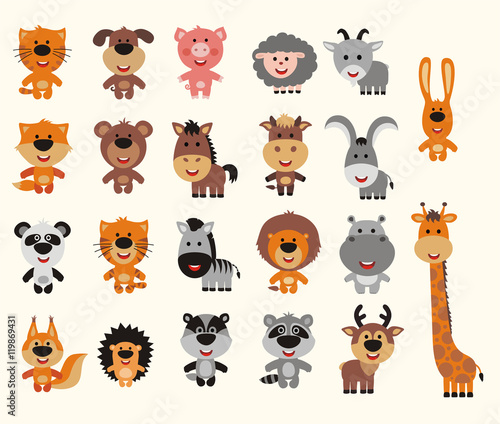 Big set isolated animals. Vector collection of animals in cartoon style. Funny animals: forest, asia, africa, farm, domestic