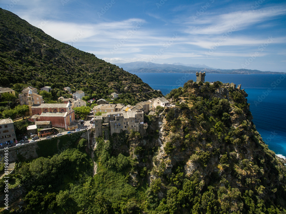 Aerial view of the beautiful village of Nonza, in Cap Corse