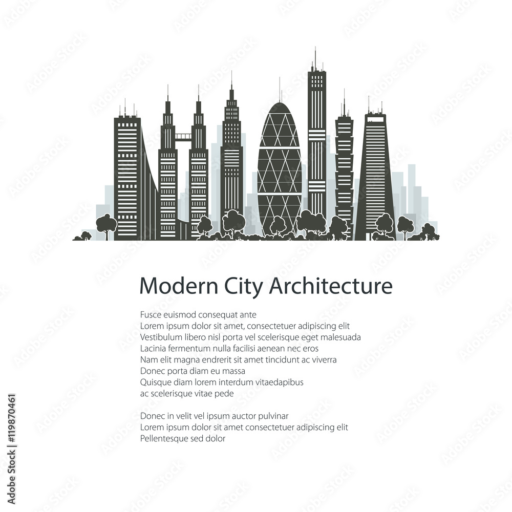 Modern Big City with Buildings and Skyscraper Isolated on White Background and Text , Architecture Megapolis, City Financial Center, Poster Brochure Flyer Design, Vector Illustration