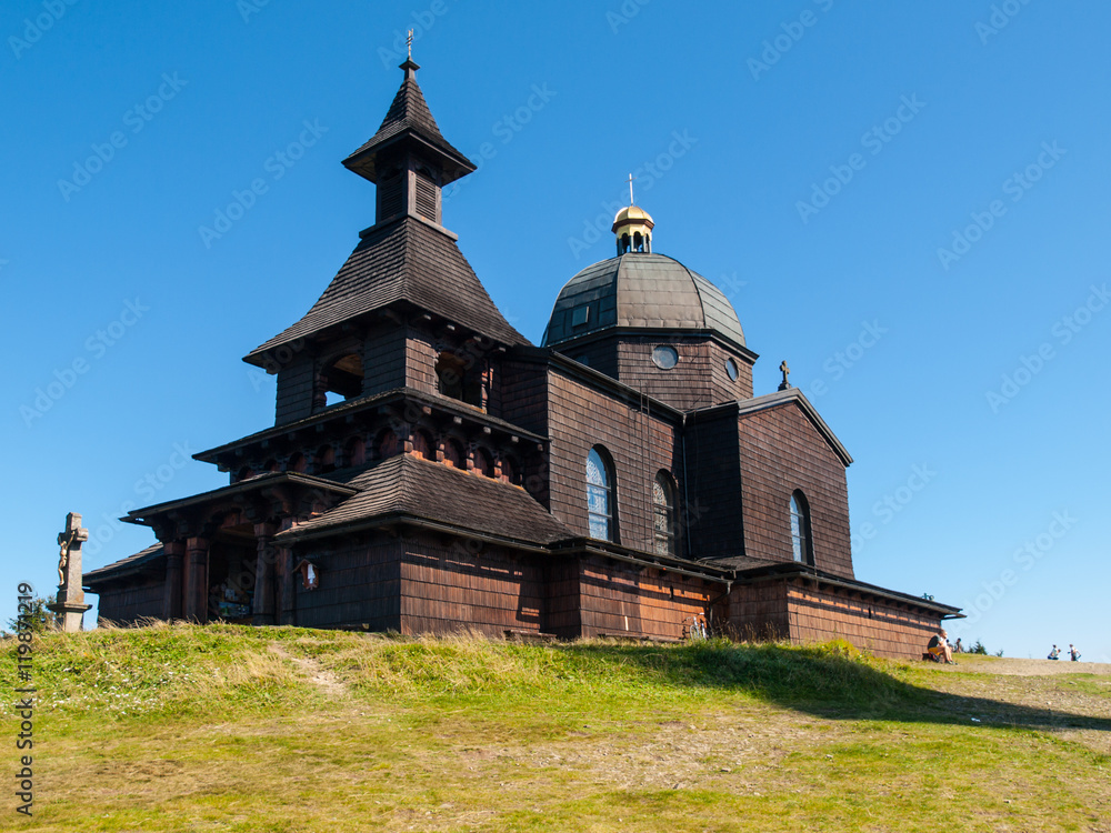 Wooden Chapel of St. Cyril and St. Methodius on the top of Radhost Mountain in Beskids, aka Beskydy Mountains, Moravia, Czech Republic