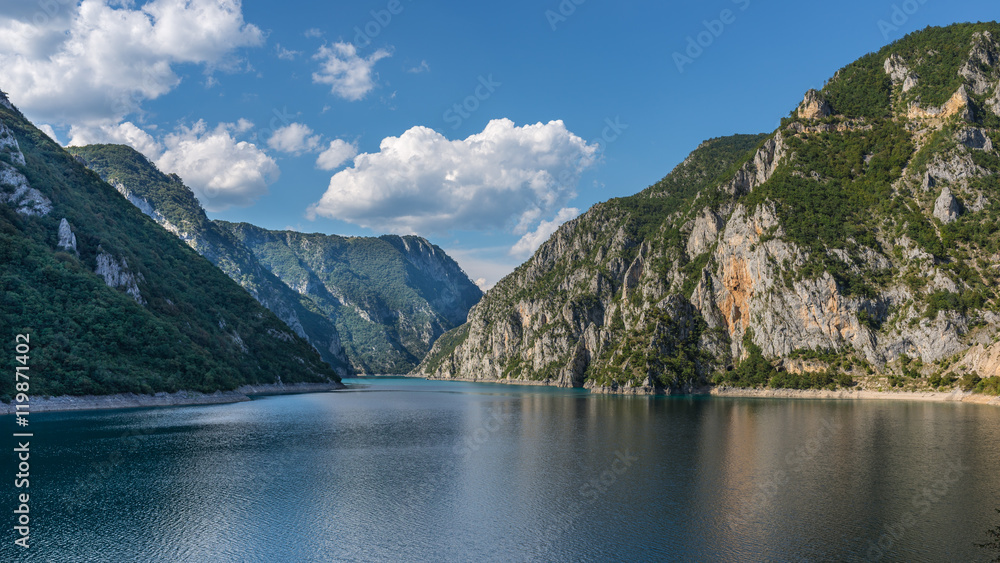 Panorama Piva canyon (reservoir) on a sunny day.