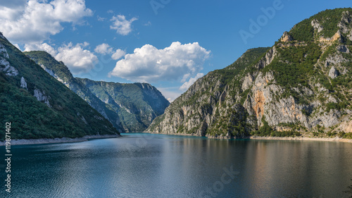 Panorama Piva canyon (reservoir) on a sunny day.