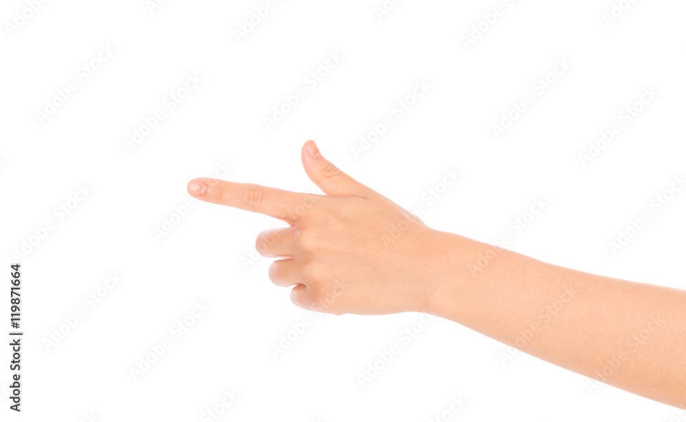 Woman hand touching virtual screen isolated on white background Woman hand touching virtual screen isolated on white background
