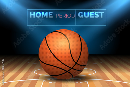 Basketball court with ball and spotlights scoreboard poster vector illustration