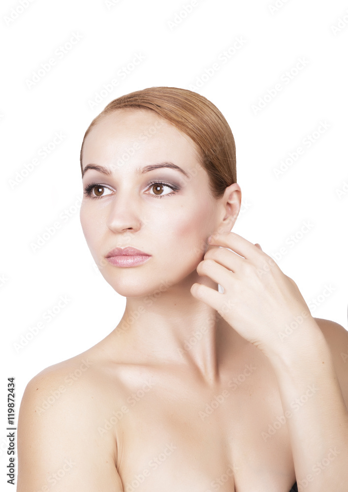 Model Woman's Face close-up. portrait of beautiful woman's purity face with make-up. Cute model with clean shiny skin Model Woman's Face close-up. portrait of beautiful woman's purity face with make-up. Cute model with clean shiny skin