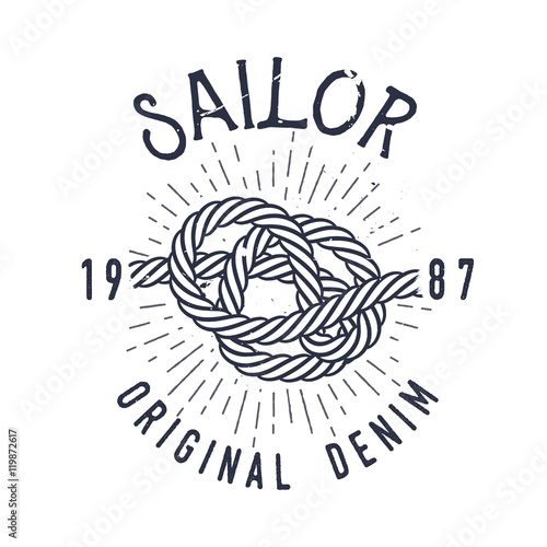Retro nautical label with marine knot, sunburst and lettering. Vector illustration for label, t-shirt print, vintage badges and logo design.