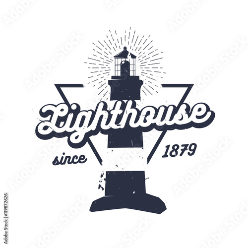 Retro nautical label with lighthouse, sunburst and lettering. Vector illustration for label, t-shirt print, vintage badges and logo design.