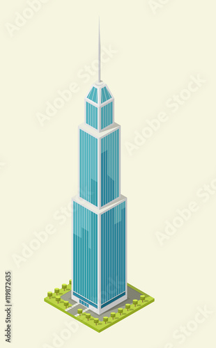 Realistic office building, isometric skyscraper, modern apartments. Vector illustration. 3D design for logos, infographics and city map creation. City collection.