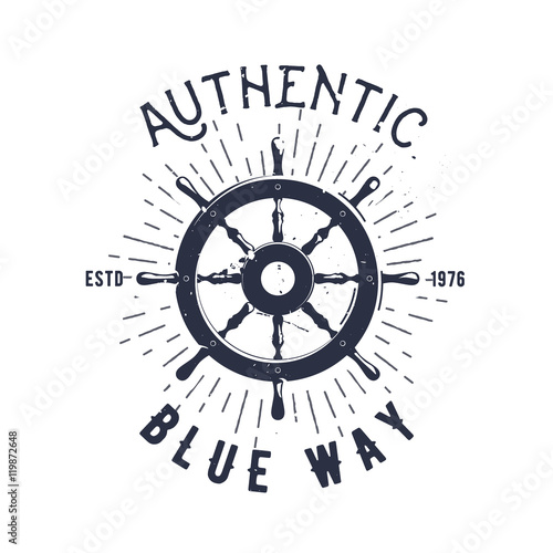 Retro nautical label with steering wheel, sunburst and lettering. Vector illustration for label, t-shirt print, vintage badges and logo design.