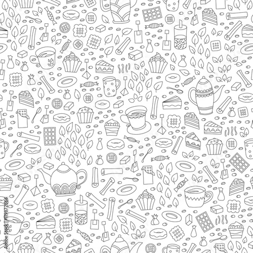 Seamless pattern with hand drawn sketchy tea theme