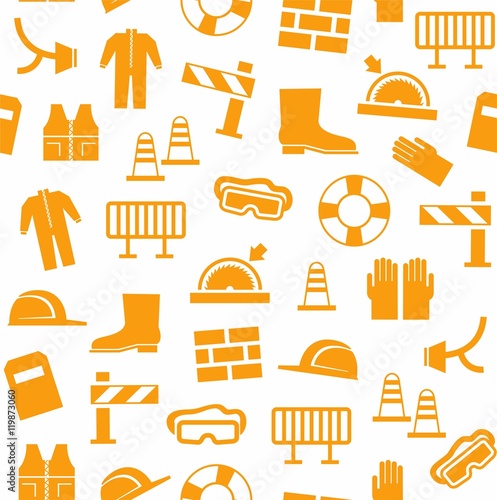 Occupational safety, personal security, background, seamless, white. Orange flat icons of protective clothing and protective items on a white background. Vector background. 