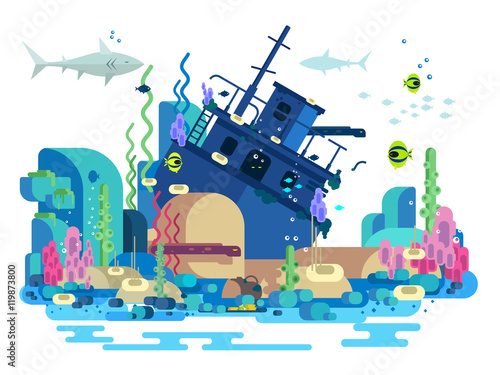 Sunken ship under water