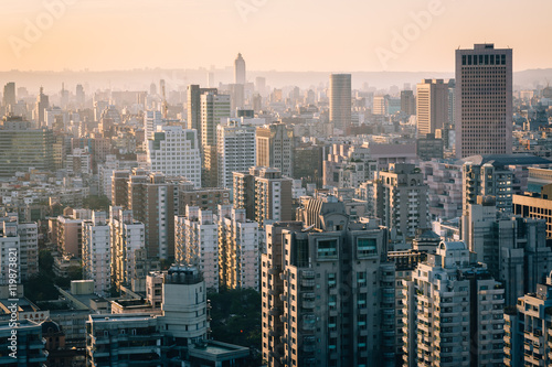 View of buildings in Taipei at sunset from Elephant Mountain  in