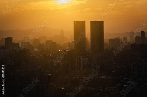 View of buildings in haze at sunset  from Elephant Mountain  in