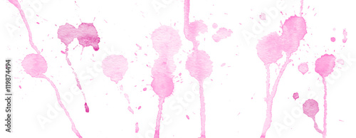 Pink watercolor splashes and blots on white background. Ink painting. Hand drawn illustration. Abstract watercolor artwork