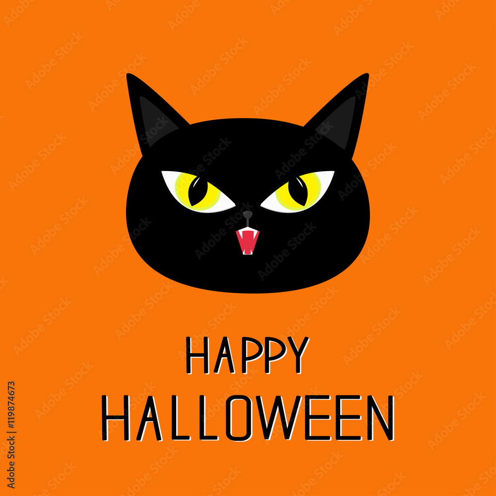 Black cat head. Yellow eyes, fangs. Happy Halloween greeting card. Funny  cartoon character. Isolated. Orange background. Flat design. Stock Vector |  Adobe Stock