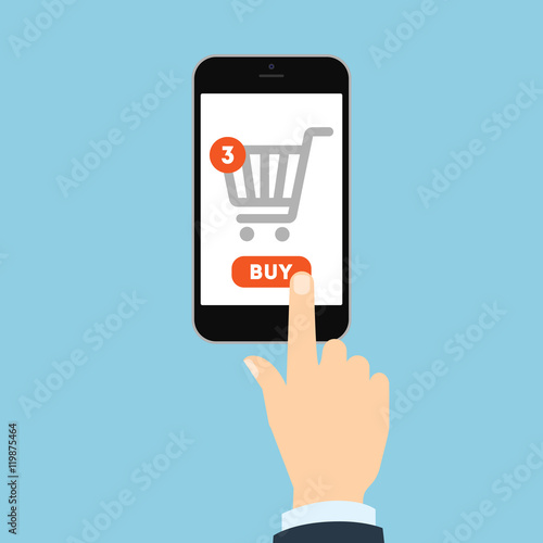 Internet shopping concept. Hand pulling buy button on smartphone. Three items in shopping cart. E-commerce concept. Shopping online.