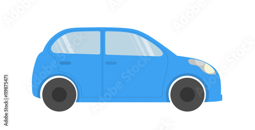 Isolated blue car. Simple hatchback car on white background. Car for race, road travel or traffic.