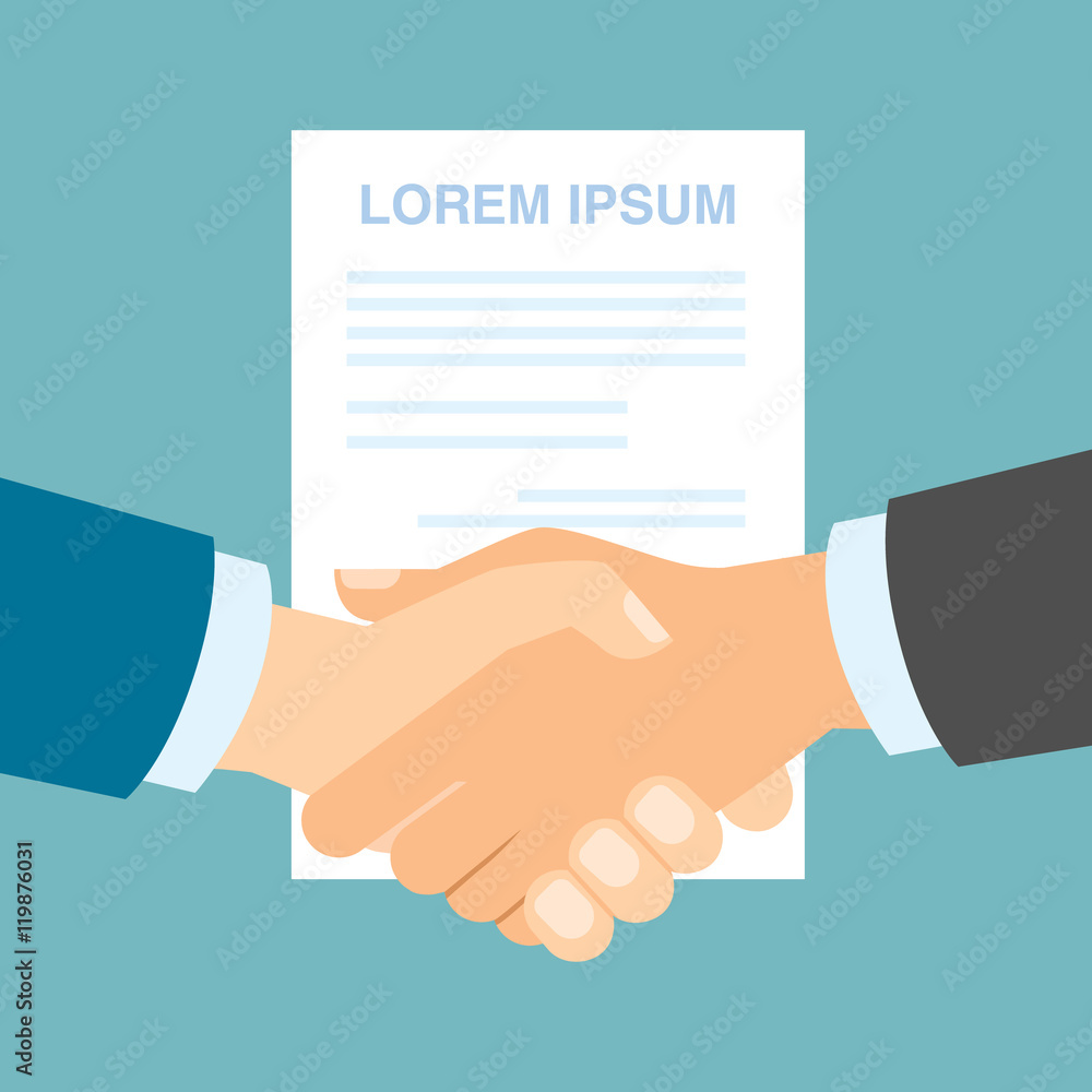 Isolated simple handshake icon with contract and filler text lorem ipsum. Concept of agreement, teamwork, congratulation and more. Isolated simple handshake icon with contract and filler text lorem ipsum. Concept of agreement, teamwork, congratulation and more.