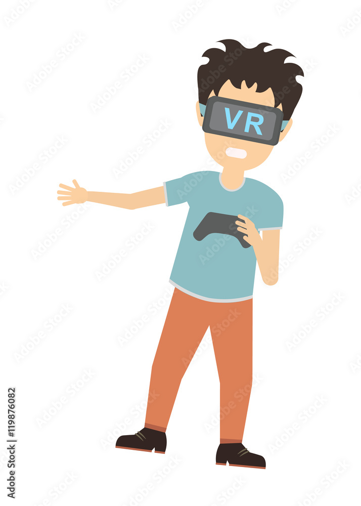 Man in vr. Teen boy or adult man in vr glasses standing on white background with gamepad. Augmented reality and cyberspace. Video game or 3D film.