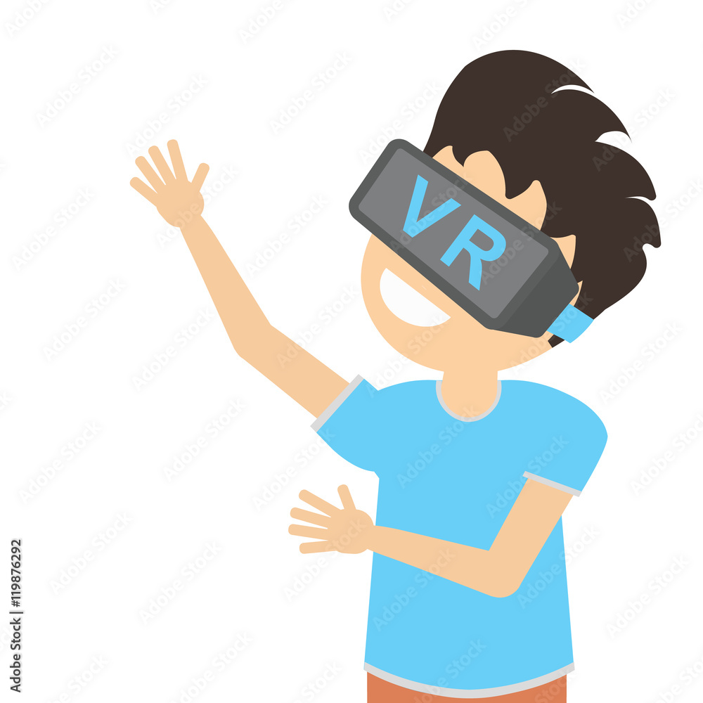 Man in vr. Teen boy or adult man in vr glasses standing on white background. Augmented reality and cyberspace. Video game or 3D film.
