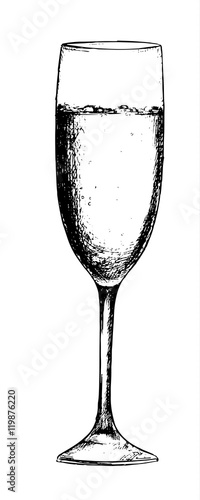 Isolated champagne glass. Black and white etching wine glass for decoration. Elegant tableware.