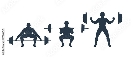 Squat with barbell. Process of squat with heavy barbell. Weightlifting, bodybuilding.