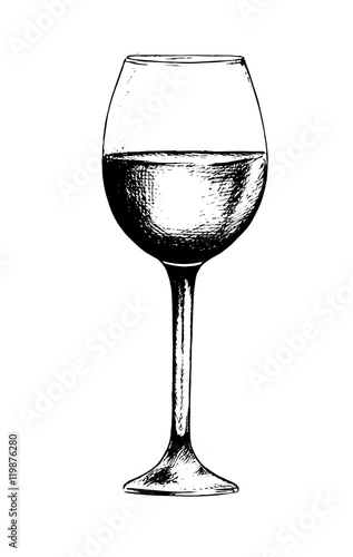 Isolated champagne glass. Black and white etching wine glass for decoration. Elegant tableware.