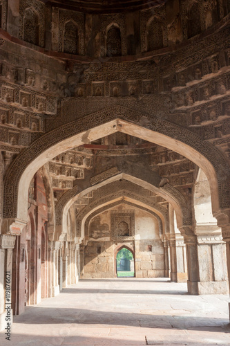 Calligraphy of Koranic verses on the arches of the three-domed mosque, Lodhi Gardens is a city park situated in New Delhi, India. It has architectural works of the 15th century by Lodhis dynasty 