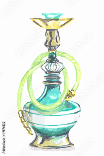 Watercolor colorful hookah. Eastern exotic smoking pipe with turkish ornament. Beautiful art for decoration.