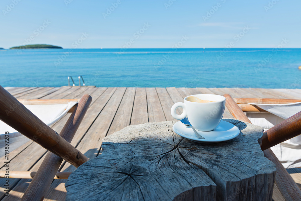 Wooden floor with chaise-longues and coffee Wooden floor with chaise-longues and coffee