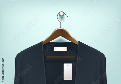 Vector Clothes Coat Brown Wooden Hanger with Blue Black Sweater Cardigan Jumper with Blank Tag Label Close Up Isolated on Background