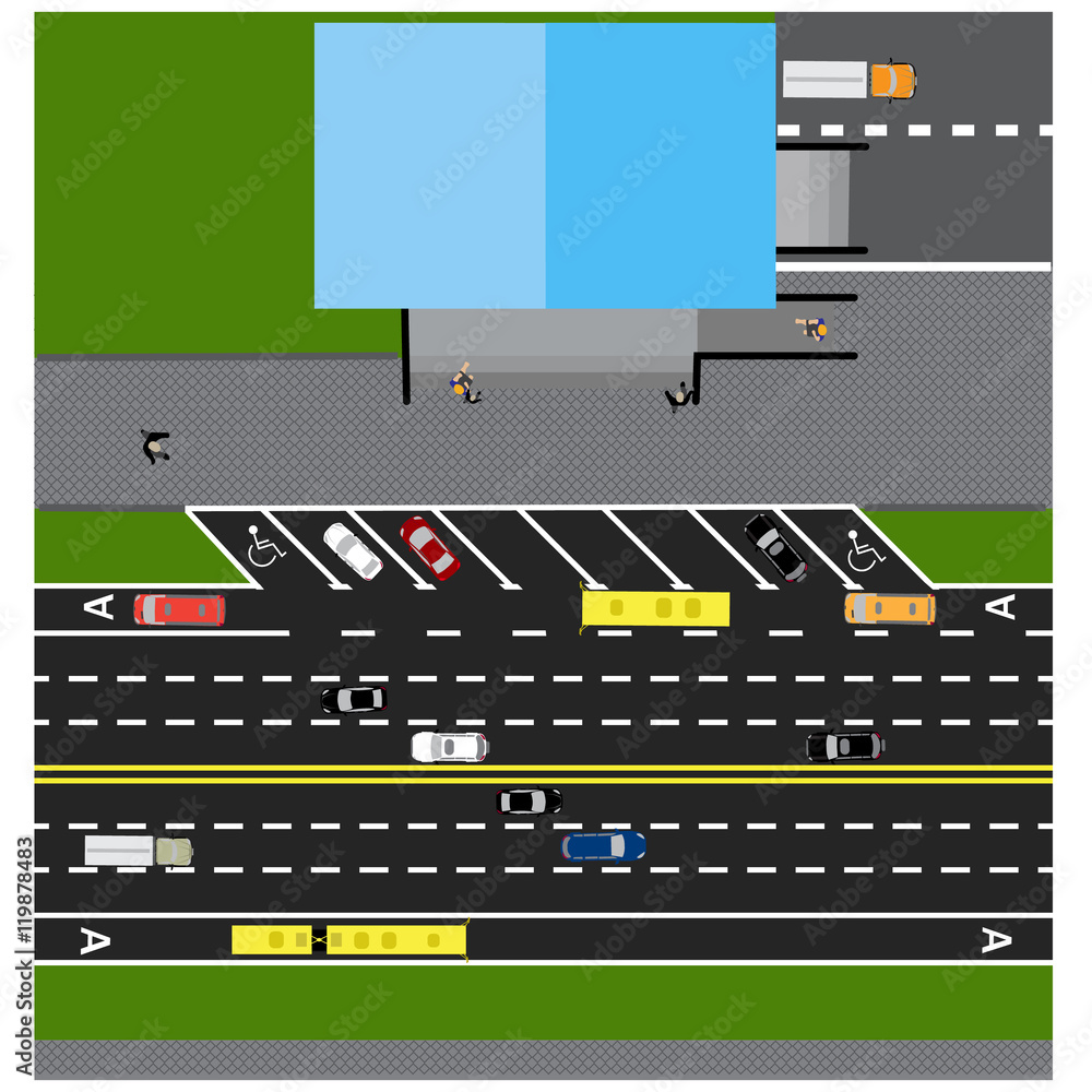 Plot road, highway, street, with the store. With different cars. Congestion and parking cards. Top view of the highway. illustration