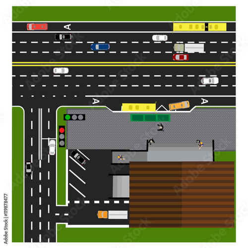 Plot road, highway, street, with the store. Crossroads. Bus stop. With different cars. Congestion and parking cards. Top view of the highway. illustration