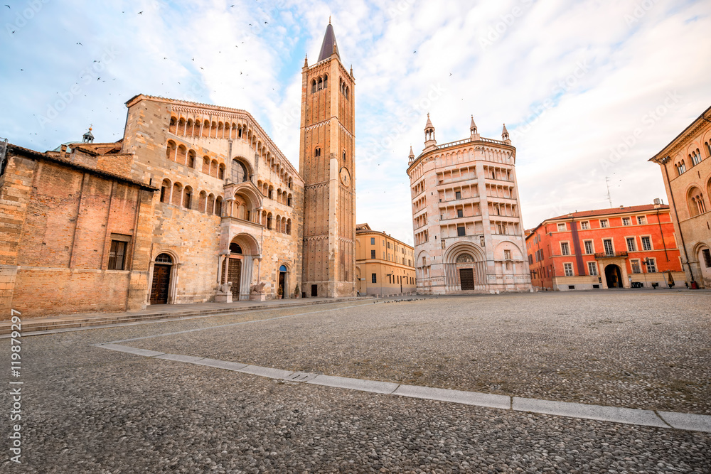 Parma cathedral with Baptistery leaning tower on the central square in Parma town in Italy