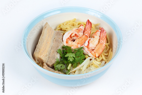 Japanese noodle "ramen" topped steamed streaky pork and shrimp in pork's bone soup on white background.