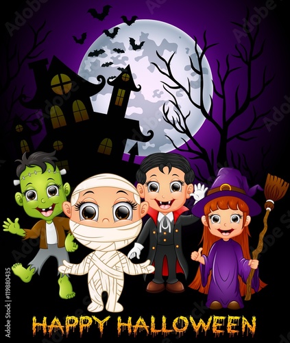 Halloween costumes with frankenstein, mummy, dracula and little witch