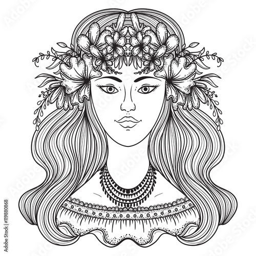 Portrait of gypsy woman with flower around head. Boho style fashion. Vector illustration.