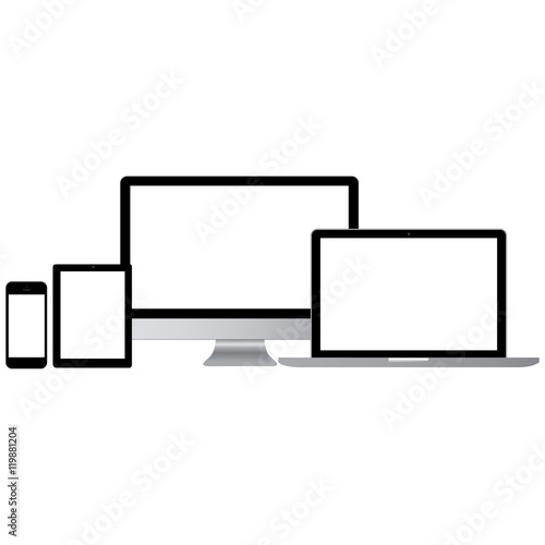 Set of realistic computer monitors, laptops, tablets and mobile phones.