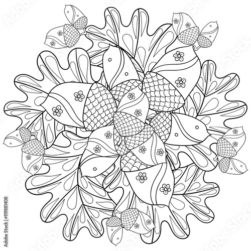 Vector autumn patterned background with oak leaves and trees for
