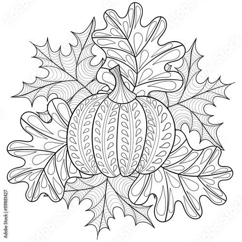 Vector autumn patterned background with pumpkin, maple and oak l