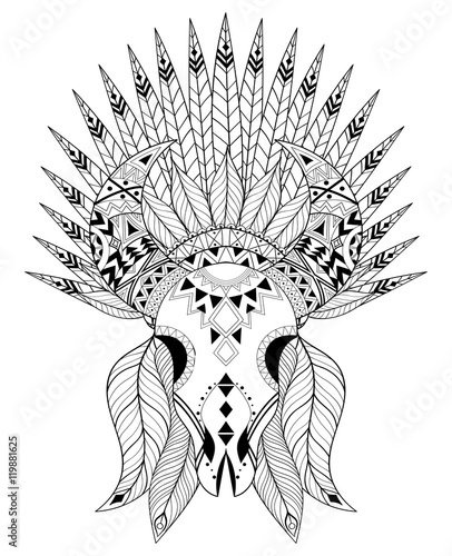 Zentangle stylized Animal Skull with warbonnet. Hand drawn ethni